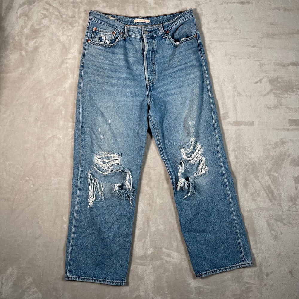 Levi's Women's Jeans Ribcage Straight Ankle Denim Button Fly Distressed 30 Blue